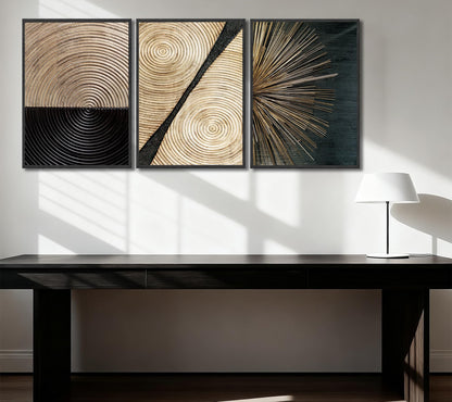 3Pcs Retro Wood Grain Canvas Wall Art Minimalist Black Gold Abstract Line Painting Pictures Wall Decor Neutral Geometric Beige Brown Poster Prints for Bedroom Office Decoration 12x16in Unframed