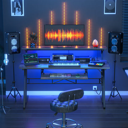 Armocity Music Studio Desk, Music Production Workstation with Power Outlets and RGB LED Lights, Recording Studio Table Desks Music Producer for Home, Grey Oak
