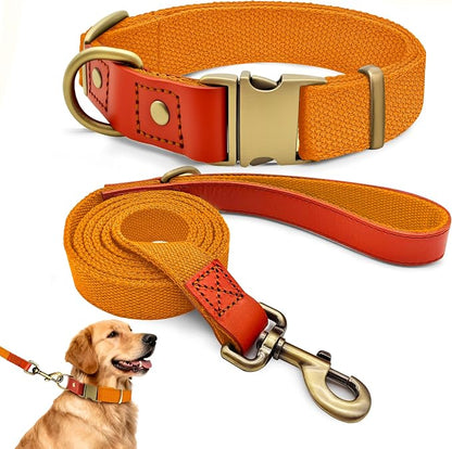 Dog Collar and Leash Set with Metal Quick Release Buckle, Adjustable, Breathable Nylon, Durable, Soft and Comfortable, No Pull for Walking and Training, Orange, XL (16.9"-26")