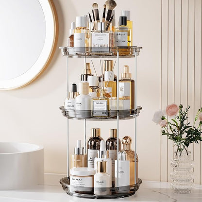 Delamu 3 Tier Rotating Makeup Organizer for Vanity, Skincare Organizer for Bathroom Counter, Spinning Perfume Organizer Cosmetic Holder with Large Capacity, Grey