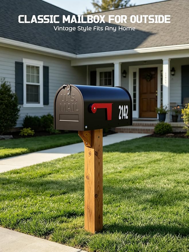 AZUNO Mailboxes for Outside, Black Metal Post Mount Mailbox with Red Flag & Address Numbers, Medium Capacity Mailbox for House,Galvanized Steel,19 * 8.9 * 7.1 inches