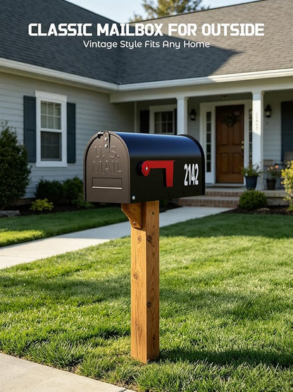 AZUNO Mailboxes for Outside, Black Metal Post Mount Mailbox with Red Flag & Address Numbers, Medium Capacity Mailbox for House,Galvanized Steel,19 * 8.9 * 7.1 inches