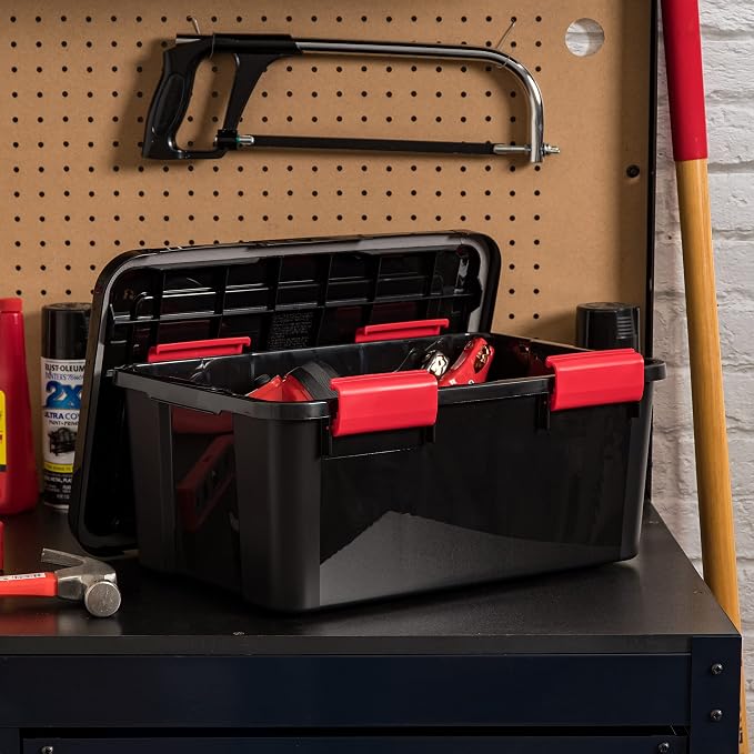 IRIS USA WeatherPro 19 Qt Storage Bins with Lids, 6 Pack, BPA-Free Plastic Gasket Box with Tight Latch and Seal, Stackable Nestable Tote Tub - Black/Red