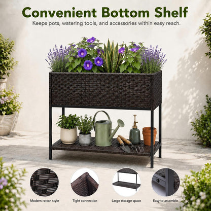 Chonsun Raised Garden Bed - 3x1.5x2.5 ft Rattan Raised Bed Wicker Elevated Raised Garden Bed with Underneath Tool Storage Rack Shelf, Outdoor Raised Flower Planter Box