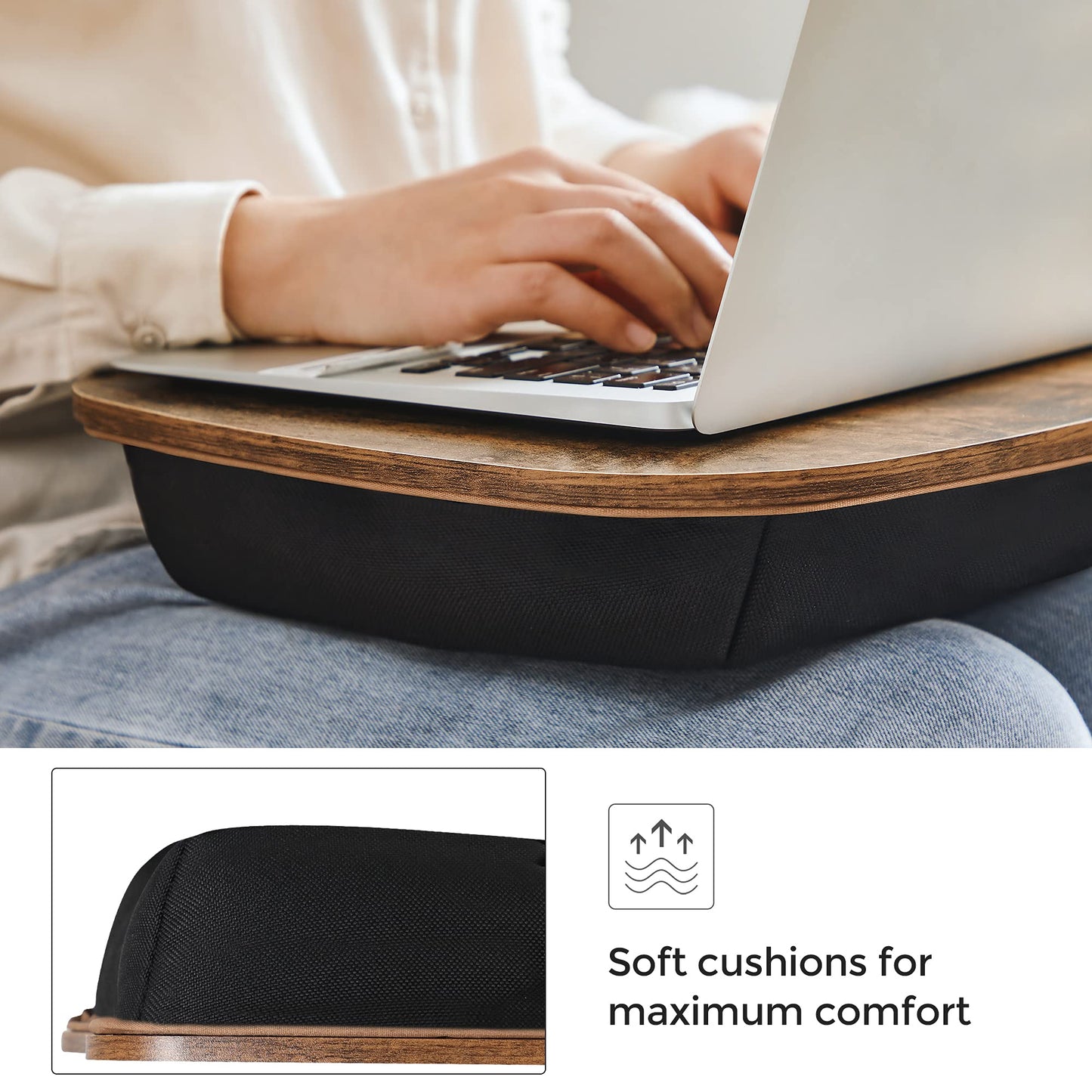 SONGMICS Lap Desk, Bed Tray, Laptop Table with Handle, Cushion, 12.6 x 15.7 x 3.1 Inches, Rustic Brown ULLD109B01