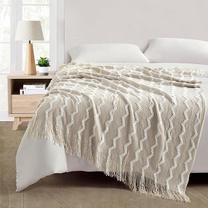 BOURINA Fluffy Chenille Knitted Fringe Throw Blanket Lightweight Soft Cozy for Bed Sofa Chair Throw Blankets, Beige 50" x 60"