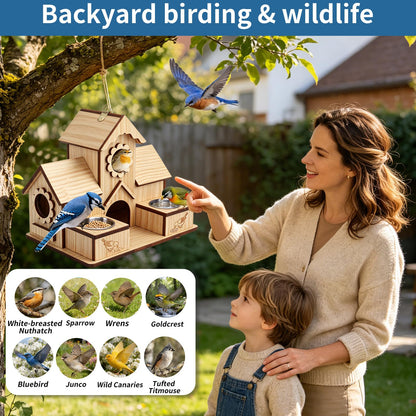 SORNADELUVRIX Bird House for Outdoors, 4-Hole Hanging Birdhouse, Bluebird House with Stainless Steel Feeding Tray, Cedar Wood Nesting Box for Wrens, Chickadees and Swallows