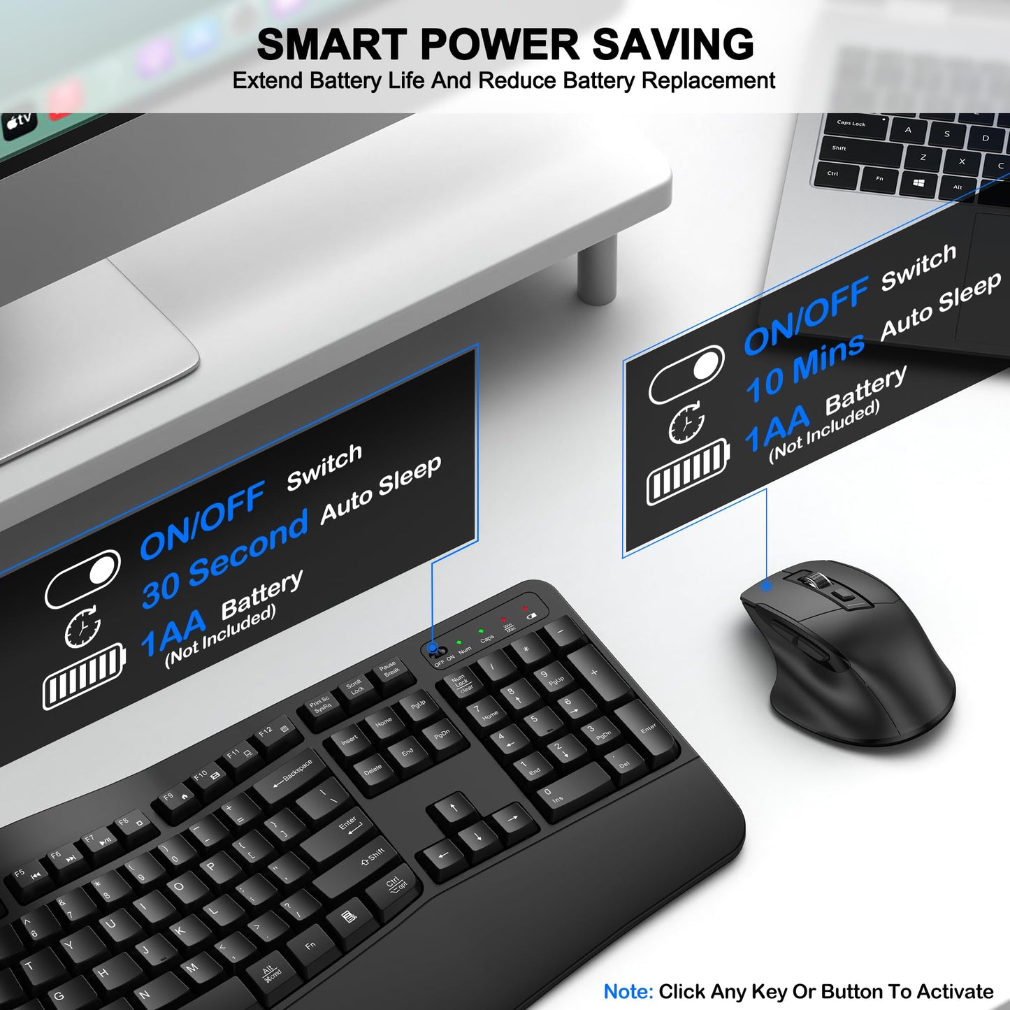 Wireless Keyboard and Mouse Combo, 2.4G Full Size Wave Keys Ergonomic Keyboard with Wrist Rest and 3-Level DPI Adjustable Wireless Ergonomic Mouse for Windows, Mac OS Desktop/Laptop/PC(Black)