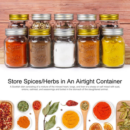CycleMore 15 Pack 4oz Glass Mason Spice Jars, Round Spice Containers with Silver Metal Caps and Pour/Sift Shaker Lids-40pcs Labels,1pcs Silicone Collapsible Funnel,1pack Brush and 1 Pen Included