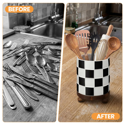 Ferrochef Kitchen Utensil Countertop Holder Checkered Utensil Crock with a Wooden Base 7.5 Inch Organizer Country Style Decorative for Storing Spoons Spatulas and Pot Spatulas