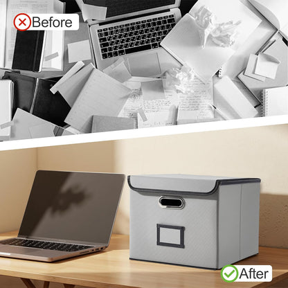 File Organizer Box, Linen Filing Organizer with Lid, Large Desktop File Boxes, Light Grey,2 Pack