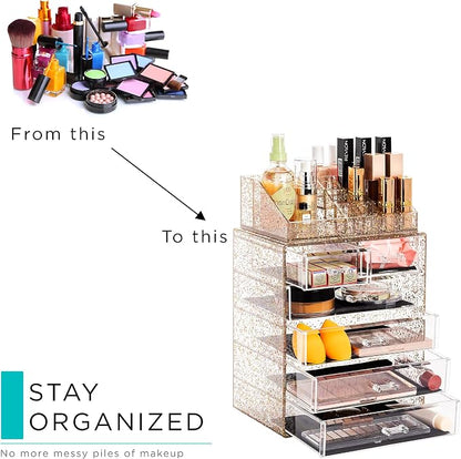 Sorbus Acrylic Makeup Organizer Set, 6-Drawer Vanity & Countertop Cosmetic Storage with Small & Wide Compartments, Glitter Makeup Storage for Brushes, Jewelry – Holiday Gift for Women & Teens