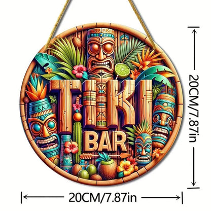 Tiki Bar Sign, Wooden Printed Tiki Decor Round Signs, Outdoor Signage with Tiki Statue (Style 1)