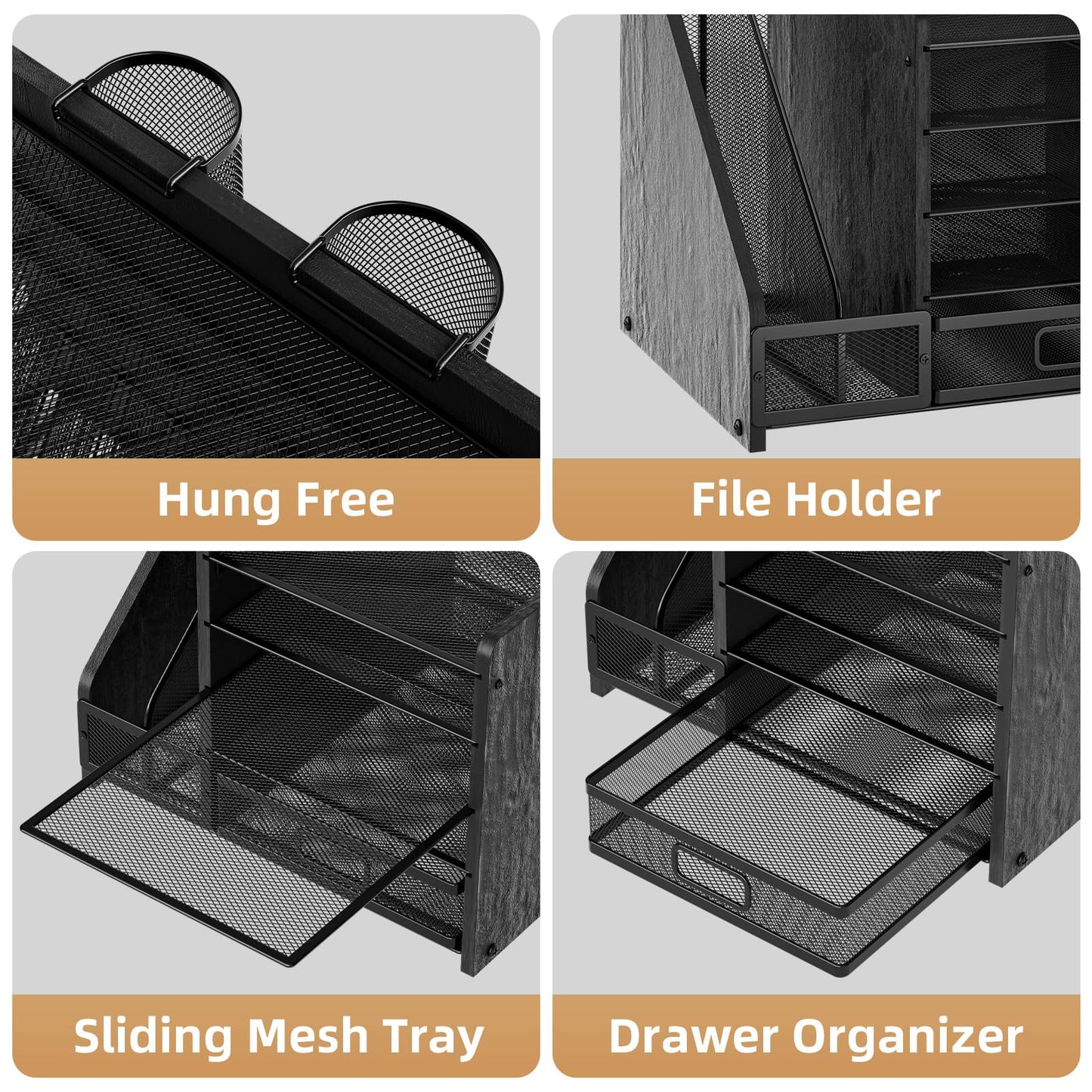 Marbrasse Desk Organizer with File Holder, 5-Tier Paper Letter Tray Organizer with Drawer and 2 Pen Holder, Mesh Desktop Organizer and Storage with Magazine Holder for Office Supplies (Wood-Black)
