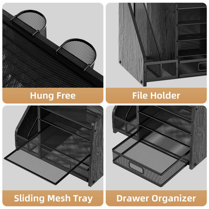 Marbrasse Desk Organizer with File Holder, 5-Tier Paper Letter Tray Organizer with Drawer and 2 Pen Holder, Mesh Desktop Organizer and Storage with Magazine Holder for Office Supplies (Wood-Black)