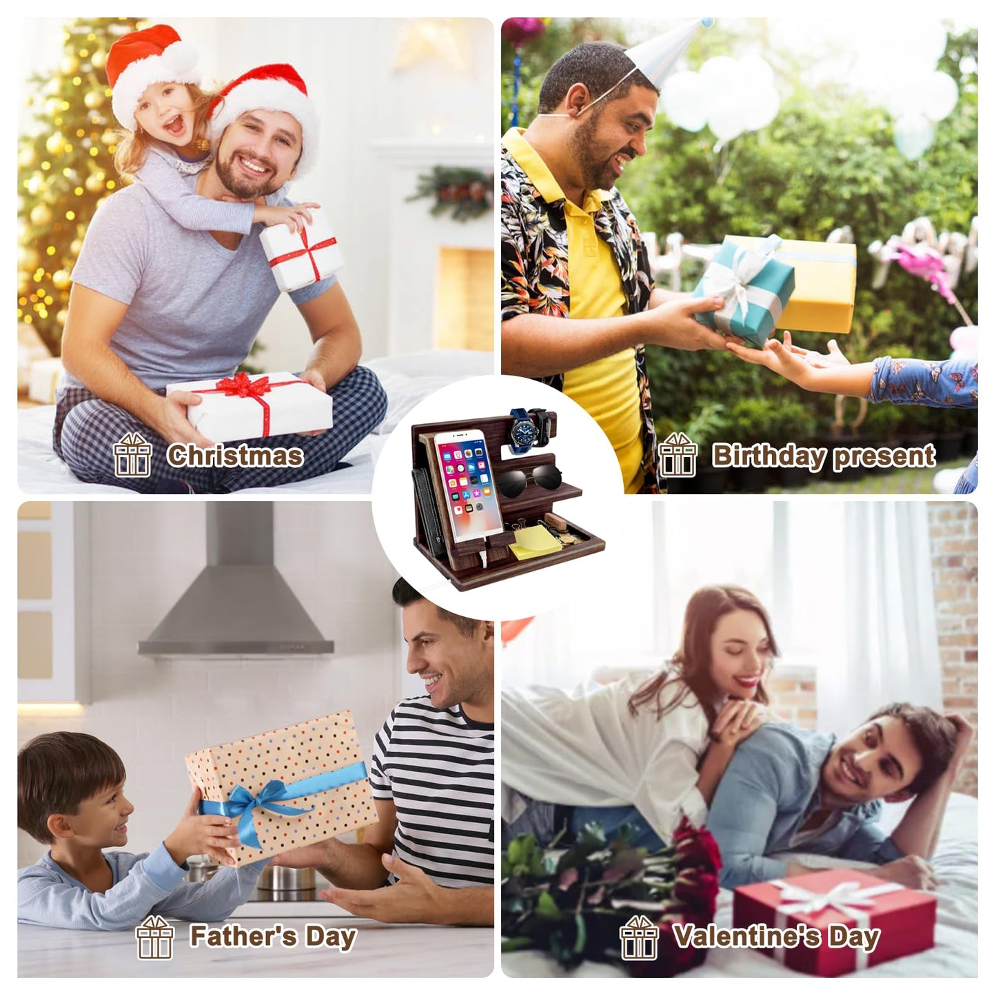 Gifts for Men Christmas, Wood Phone Docking Station, Mens Gifts for Birthday or Gifts for Dad Fathers Day, Desk Workspace Organizer Nightstand Organizer Key for Wallet & Watch Holder Husband Christmas
