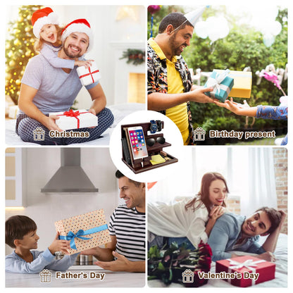 Gifts for Men Christmas, Wood Phone Docking Station, Mens Gifts for Birthday or Gifts for Dad Fathers Day, Desk Workspace Organizer Nightstand Organizer Key for Wallet & Watch Holder Husband Christmas