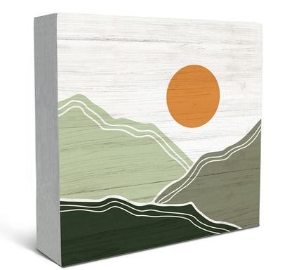SRADMO Abstract Boho Sun Green Mountains Wood Box Sign Desk Decor, Bohemian Nature Landscape Wooden Block Box Sign Decoration For Home Office Shelf Table Decor