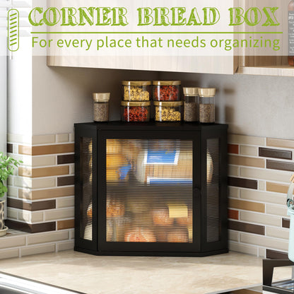 BMOSU Corner Bread Box for Kitchen Countertop Double Layer Bamboo Wooden Bread box Large Capacity Bread Storage Bin(Black, Medium)