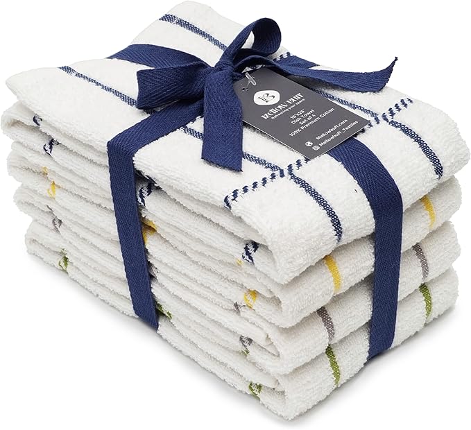 100% Cotton Terry Dish Towels, 4 Pack Checks, 16 x26 Inches, Super Soft and
