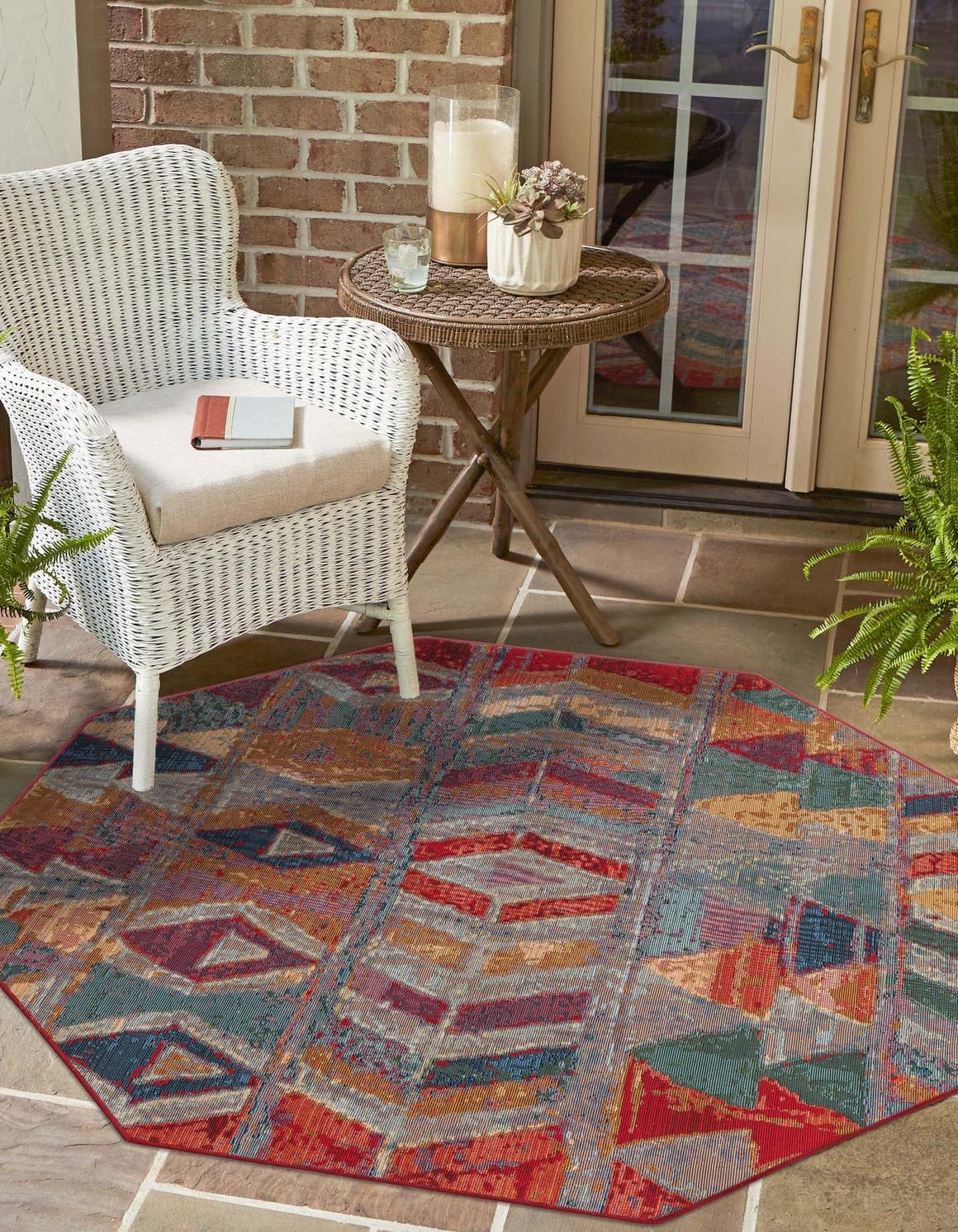 Unique Loom Outdoor Modern Collection Area Rug - Tamarindo (7' 1" Octagon Multi/Burgundy)