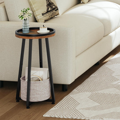 HOOBRO Small Round Side Table, 2-Tier Round Sofa End Table, Compact Nightstand with Cotton Linen Storage Basket, for Small Space, Living Room, Bedroom, Dorm, Rustic Brown BF183BZ01