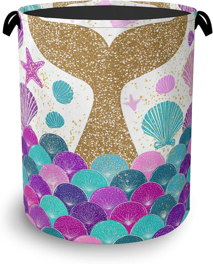 Fish Scales Laundry Basket, Mermaids Seashell Foldable Oxford Cloth Tote Bag