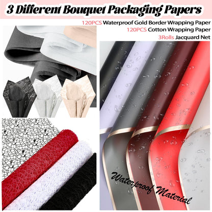 512Pcs Flower Wrapping Paper Kit with 120 Sheets Waterproof Floral Wrapping Paper 3D Butterfly Decor Crowns,Bouquet Pins Ribbons,DIY Crafts for Mother's Day Valentines Graduation Birthday Gift