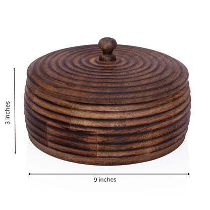 Handcrafted Wooden Mexican Warmer Basket Indian Chapati Roti Bread Holder Box Pancake Keeper Serveware Hot Pot Casserole Dish With Lid Home Kitchen Dining Decor, Natural Brown, 9 x 3 Inches