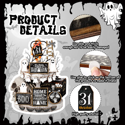 MiniInflat 1 Sets Halloween Tiered Tray Decor Set Happy Halloween Wooden Signs Rustic Table Centerpieces Farmhouse Decor for Home Table, Tray Not Included(Ghost,Black White)