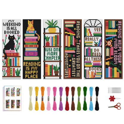 ACRNIGHEET 6PCS Cross Stitch Bookmark Kits Bookshelves Words Pattern Counted Cross Stitch Kits for Beginners Adults DIY Stamped Embroidery Bookmarks with Instructions Hand Embroidery Craft Gift