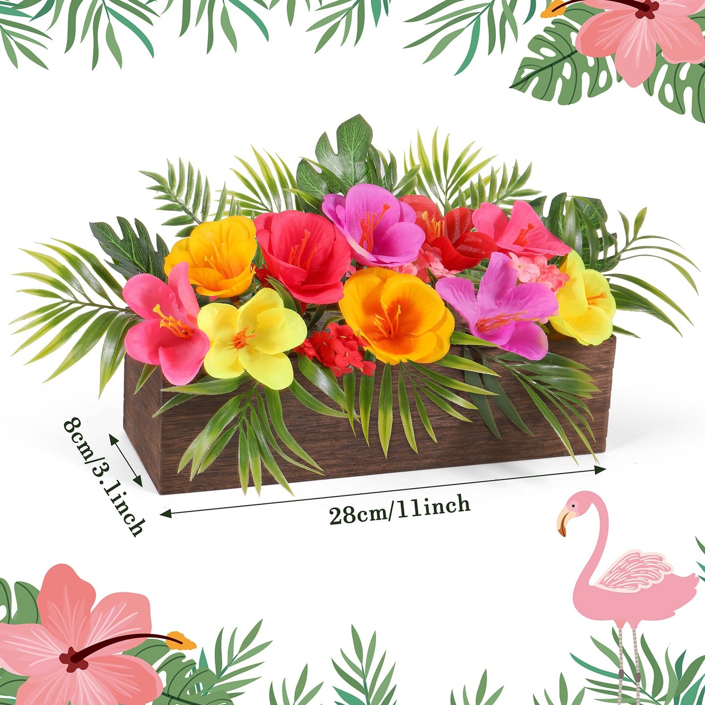 Dlerom Hawaiian Table Centerpieces Artificial Hibiscus Flowers Arrangements Wooden Crate, Wooden Planter with Tropical Palm Leaves for Summer Beach Tiered Tray Shelf Table Home Aloha Luau Party Decor