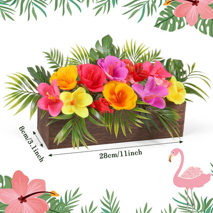 Dlerom Hawaiian Table Centerpieces Artificial Hibiscus Flowers Arrangements Wooden Crate, Wooden Planter with Tropical Palm Leaves for Summer Beach Tiered Tray Shelf Table Home Aloha Luau Party Decor