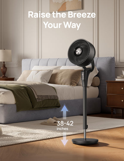DREO Fan for Bedroom, 2026 Upgraded, 90ft Airflow, 20dB Quiet Fan, 90° Oscillating Standing Fan for Whole Room, DC Motor, 8+H Speeds, 3 Modes, 38-42'' Adjustable Height, 8H Timer, 105° Manual Vertical