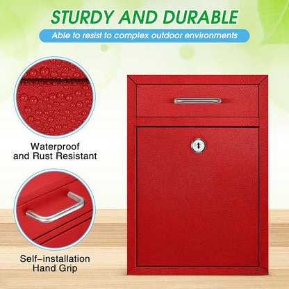 Yaocom Locking Mailbox with Key for Outdoor 12.2 x 8.5 x 3 Inches Large Wall Mount Mail Box with Lock Security Mail Drop Metal Collection Boxes Hanging Secure Postbox(Red)