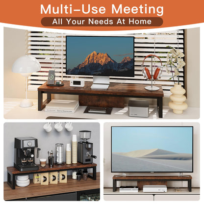 HEWORLIF Dual Monitor Stand Riser, Wood and Steel Monitor Riser, Long Computer Monitor Stands for 2 Monitors, Desk Shelf for Computer, Laptop, Printer, TV, Brown