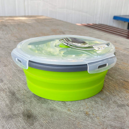 CCyanzi 1200ml Collapsible Camping Bowl Silicone Food Storage Container with Lid and Foldable Stainless Steel Fork Spoon, for Picnic, Travel, Camping, RV, Fridge and Microwave Bowls