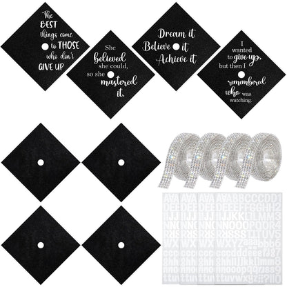 Dunzoom Black 16 Pcs Graduation Cap Decorations Kit Glitter DIY Cardstock Paper Letter Sticker for Graduation Hat Topper