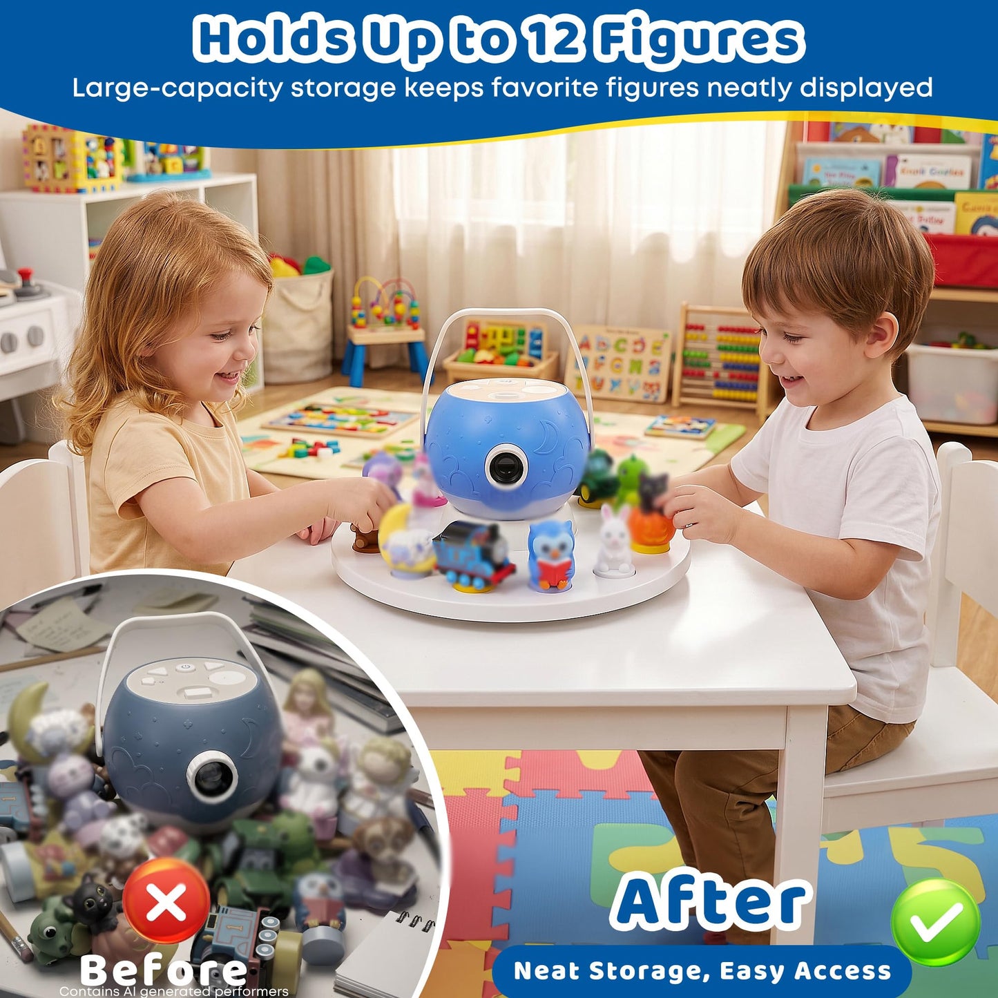 Round 360°Rotating Storage Shelf for Luna Storytime Projector And Character,Display Stand for Luna Projector Figurine Cartridge Figures Organizer Holder,Pine Wooden,for Kids Play Room(White)