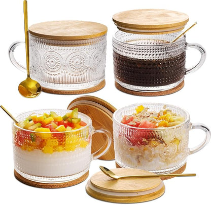 BOICHU Vintage Coffee Mugs Glassware Set of 4-14oz Leak Proof Overnight Oats Containers with Lids and Spoons, Hobnail Glass Cups with Bamboo Lids, Ideal Coffee Bar Accessories Perfect for Drinks, Tea