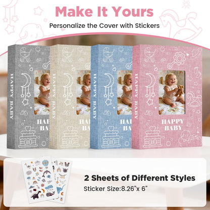 Yatosally Baby Photo Album 4x6 300 Pockets with Memo Area, Photo Stickers & Hand and Footprint Kit, Linen Cover Baby Memory Book with Front Window, First Year Keepsake for Newborn Boy Girl