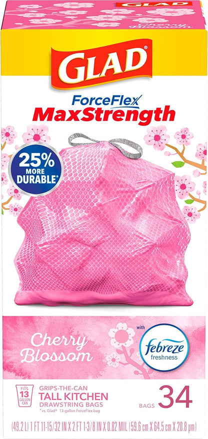 Glad Tall Kitchen Trash Bags 13 Gallon, MaxStrength Cherry Blossom Garbage Bags