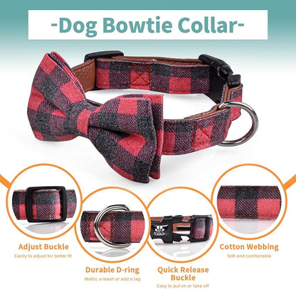 IVY&LANE Dog Collar with Bowtie and Leash Set | Plaid Adjustable Dog Collar | Detachable Bow Tie |5 FT Dog Leash | for Small Medium Large Dogs | Checkered Red | Small
