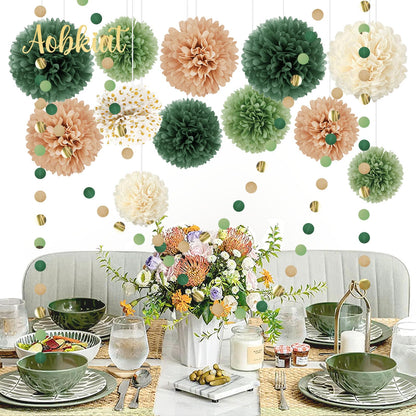 AOBKIAT Wedding Party Decorations Set,15PCS Green Tissue Paper Pom Poms,Dots Paper Garland String Hanging Backdrop for Engagement,Green Boho Wedding,Baby Shower