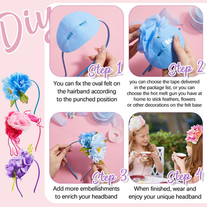 Windkream 353 Pcs Headband Making Kit for Women Include 12 Headbands 24 Fake Flowers 300 Feathers 4 Mesh Ribbons 1 Roll Double Faced Adhesive Tape 12 Butterfly Accessories for DIY Hair Tea Party Decor