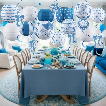 18 Pcs Summer Party Decorations Set Coastal Beach Seashell Paper Lanterns Blue Bow Starfish Hanging Swirls Ocean Nautical Pool Party Hanging Decor for Birthday Wedding Baby Shower Decor