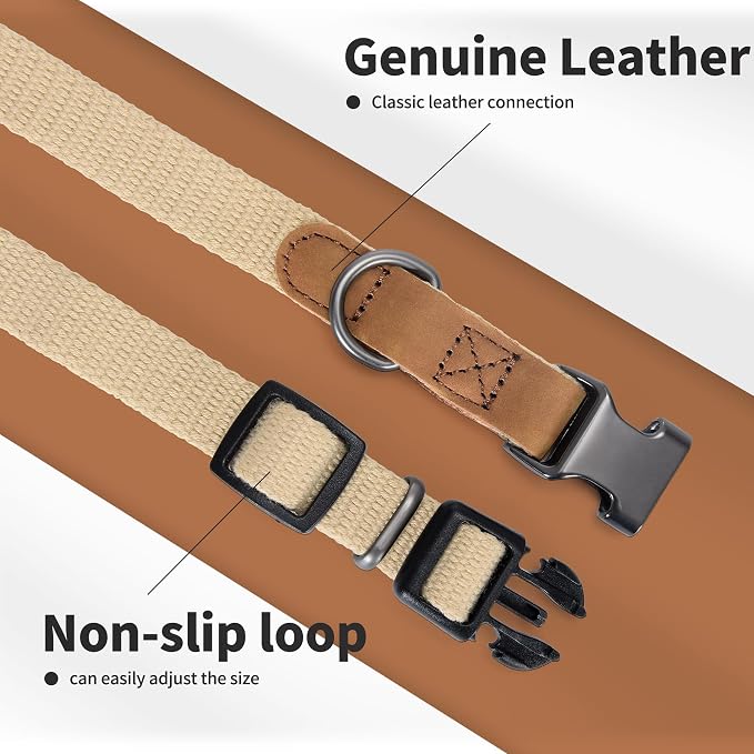 Mile High Life Genuine Leather Dog Collar, Soft Cotton Pet Collars with Heavy Metal Buckle for Small Large Dogs (Khaki, L Neck 17"-21")