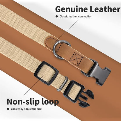 Mile High Life Genuine Leather Dog Collar, Soft Cotton Pet Collars with Heavy Metal Buckle for Small Large Dogs (Khaki, S Neck 11"-15")