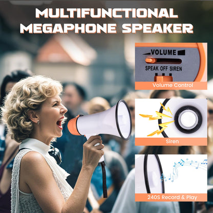 MyMealivos Portable Megaphone Bullhorn 20 Watt Power Megaphone Speaker Voice and Siren/Alarm Modes with Volume Control and Strap (White&Orange)