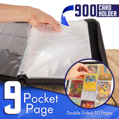 Pokemon Card Binder 900 Pocket with Magnifying Glass - Trading Card Storage Album Zipper 3 Ring for MTG Sports Cards TCG - Premium Red Holder Organizer